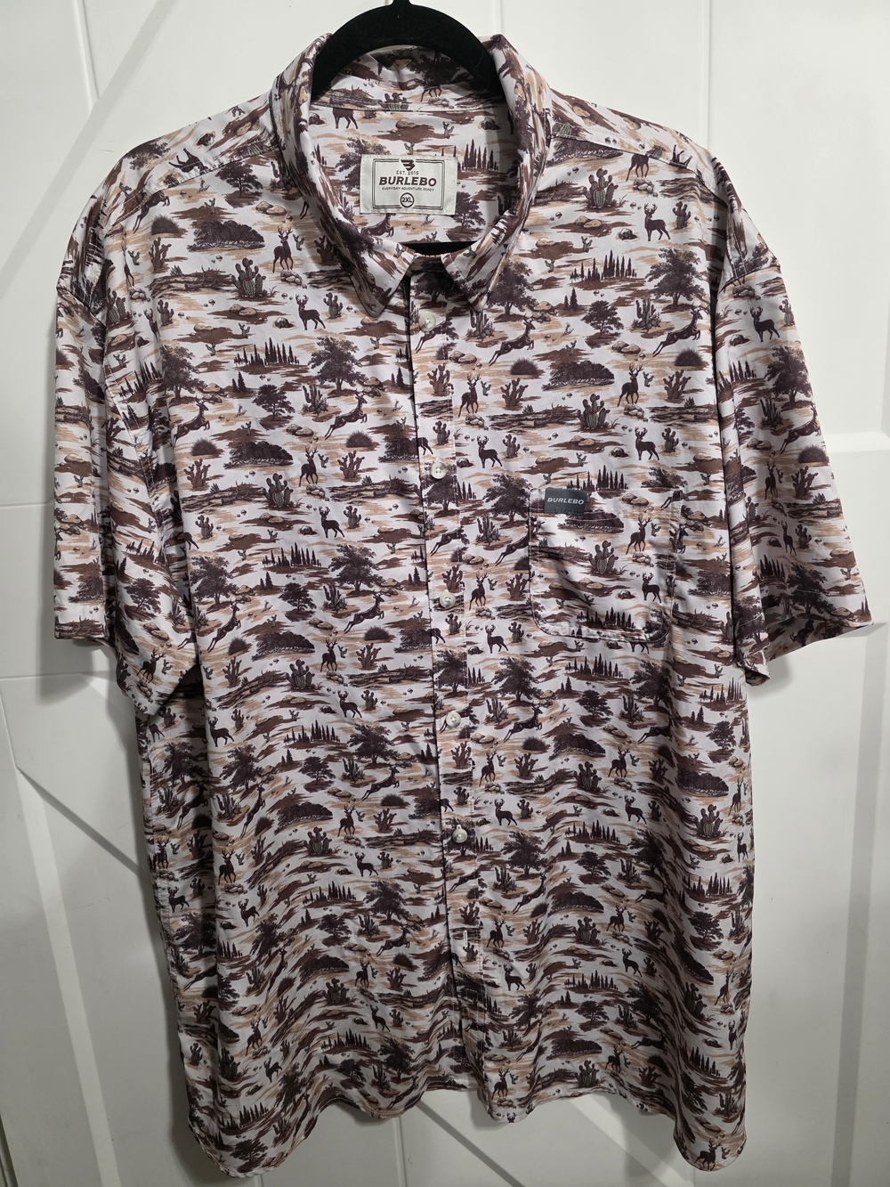 BURLEBO Short Sleeve Button-Up Shirt in Taupe and Brown Desert Print